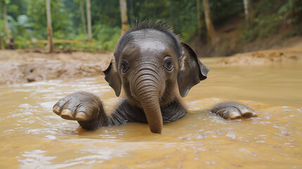 Fototapeta premium The baby elephant frolics and splashes in the water.