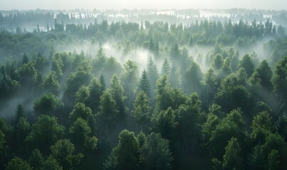 A aerial shot of a forest in fog - obrazy, fototapety, plakaty
