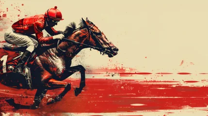 Muurstickers Illustration of Horse Racing Over Colorful Grunge Background, Generative AI © Azmee
