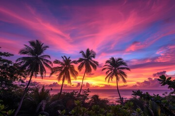Tropical beach sunset with palm trees