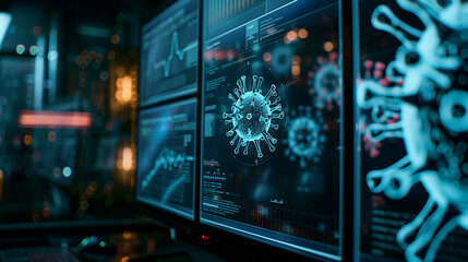 antivirus software interface on a monitor, with a magnified virus symbol being targeted and neutralized, Generative AI