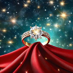 a digital illustration showcasing a diamond ring elegantly placed on a luxurious red silk cloth, set against a backdrop of shimmering stars. Use vibrant colors and dynamic composition to create a sens - obrazy, fototapety, plakaty