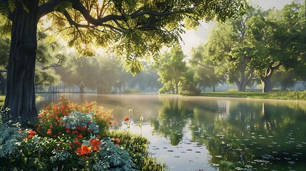 Tranquility reigns in a summer park, where a pristine lake reflects the beauty of surrounding trees and flowers, kissed by the warmth of sunlight - obrazy, fototapety, plakaty