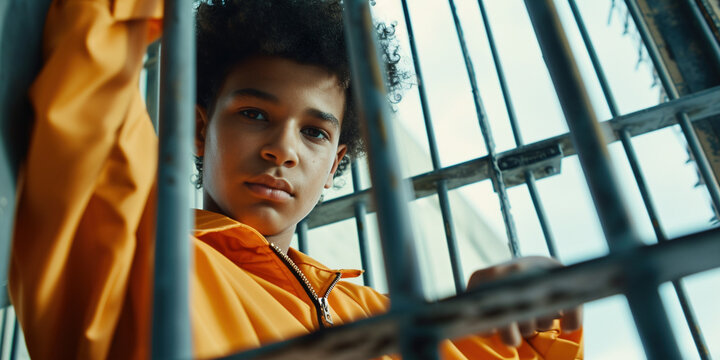 Depicting imprisonment, criminal justice fair punishment, spend life in locked jail, incarceration theme concept. African-American teenage criminal behind bars in prison. Prisoner sit look into camera