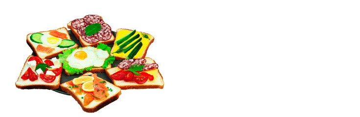 appetizing sandwiches in a gray plate on a white background. slices of bread with vegetables and meat in a plate on a light texture	