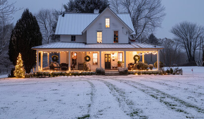 Fototapeta na wymiar White farmhouse with Christmas lights, front porch and landscaping. Snow on the ground