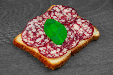 A sandwich with smoked sausage and greens on a dark background. the concept of a quick snack.	
