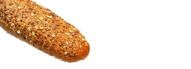 black sliced bread with bran on a white background. oval dark bread with a light texture	