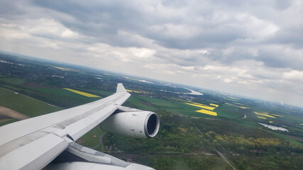 Take-off from Dusseldorf International Airport and the view of nature around the airport from the...