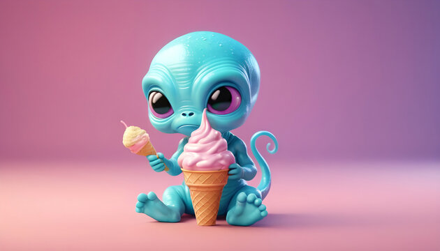 Cute cartoon alien with ice cream. 3d render illustration. Generative AI
