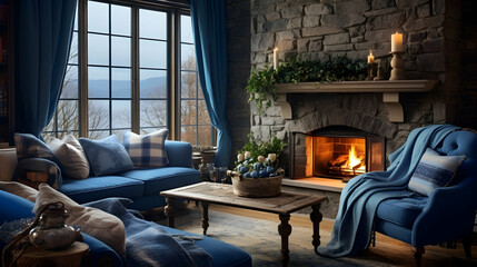 A cozy blue room of the country house with a large stone fireplace and a view of the forest - obrazy, fototapety, plakaty