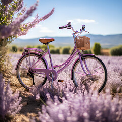Purple bicycle with lavender bouquet in basket