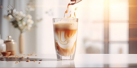 A glass of iced coffee and the coffee is being poured in it coffeemoment on blured background