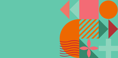 different geometric colored shapes on a turquoise background. texture in the style of geometric abstraction