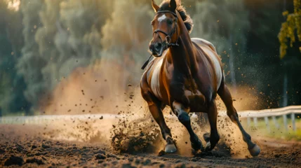 Keuken spatwand met foto Race horses with jockeys on the way of home straight, Ai generated © Azmee