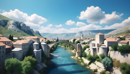 Fantasy landscape of a bridge over a mountain river. 3d rendering Generative AI