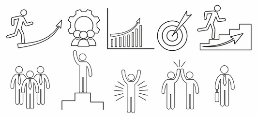 A set of contour icons of the business line, achievement of the set goal, arrow. ,graphics for the design of continuous lines, goal, arrow, business, icon, success. 