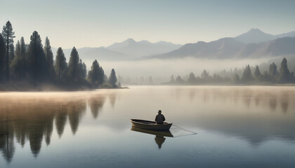 Foggy morning on a lake with a man fishing in a boat. Generative AI
