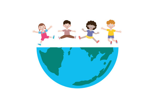 kids jumping over blue earth globe clip art preview