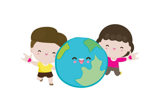 Earth day, cute kids save the world, world environment day, on white background vecter illustration flat style