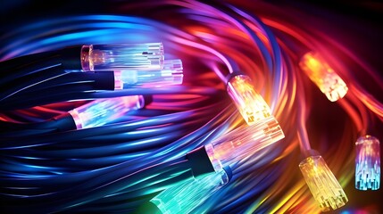 Colored electric cables and led optical fiber intense colors background for technology