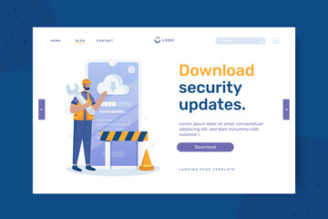 Download security updates illustration on landing page design - obrazy, fototapety, plakaty