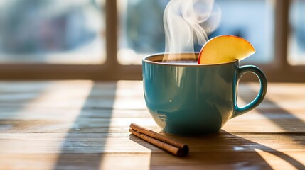 Steamy cup of tea with apple slice and cinnamon on a sunlit wooden table. - Powered by Adobe