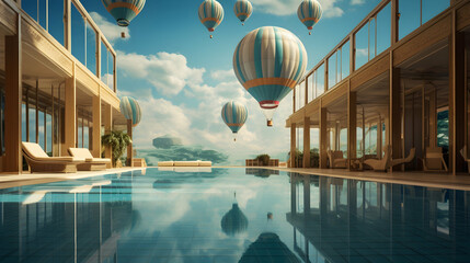 Cloud hot air balloon fly over the indoor pool - obrazy, fototapety, plakaty