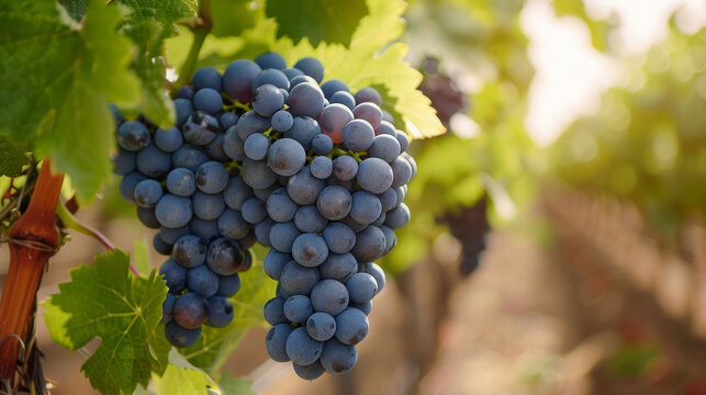 Ripe blue grapes in vineyard bask in golden sunlight, epitomizing a fruitful harvest.