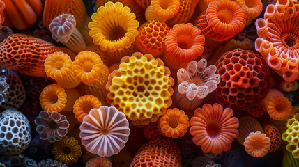 Microscopic marine life structures resembling vibrant sea sponges, perfect for biology and underwater life. - obrazy, fototapety, plakaty