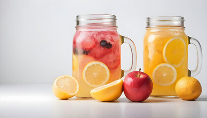 Mason jars of lemonade with fruits on a white background. Generative AI - obrazy, fototapety, plakaty