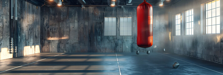 Boxing ring, A dark room with a red light on the left side.
  - obrazy, fototapety, plakaty