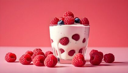 Milk with raspberries and blueberries on pink background. Generative AI