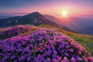 Flowers Blooming on a High Mountain Illuminated by the Morning Sun, Symbolizing the Beauty and Success of Aiming High and Overcoming Difficulties