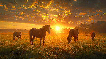Peaceful Panoramic View Of Purebred Horses Grazing in green fields At Sunset, generated ai