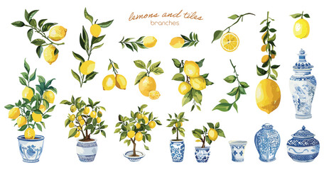 Lemon branches and blue patterned tiles illustration, Artistic set featuring yellow lemons, green leaves, branches, and blue-patterned tile design elements