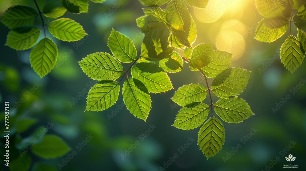 Wall mural spring background, green tree leaves on blurred background.