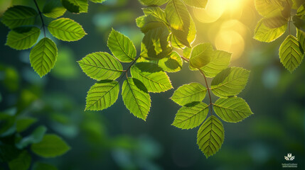 Spring background, green tree leaves on blurred background.