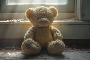 A vintage teddy bear portrait, bathed in warm sunlight streaming through a window.