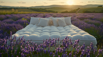 A cozy bed is nestled amidst a stunning lavender field, surrounded by waves of fragrant purple blooms. - obrazy, fototapety, plakaty