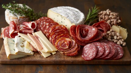 Artisan charcuterie board with various meats and cheeses, ideal for gourmet food presentations.