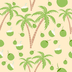 Seamless pattern of coconut fruit and coconut trees for sunny summer, Suitable for various applications such as designs for prints on fabric, wallpaper, digital decoration,