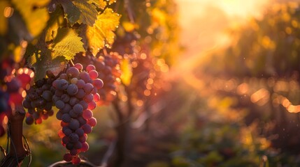 Sunset light filters through a vineyard, highlighting clusters of ripe grapes ready for harvest.