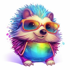 Naklejka premium Abstract painting with vibrant colors. Cartoon hedgehog with sunglasses on white background. AI generated