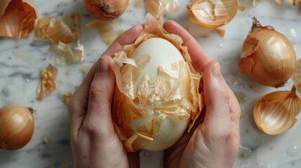 Hands peeling a boiled egg with onion skins scattered around, depicting natural dye techniques.