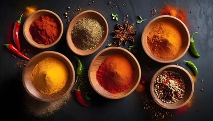 Spices in wooden bowls on dark background. Spices. Generative AI