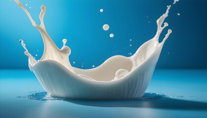 Obraz na płótnie Canvas Splash of milk on a blue background. 3d rendering. Generative AI