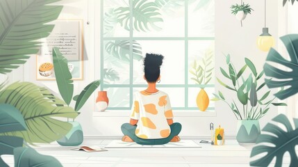 Woman Practicing Mindfulness and Goal Setting in a Cozy Nature Inspired Home Interior