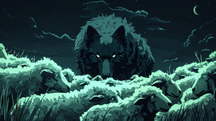 A wolf with burning eyes creeps up to the sheep. - obrazy, fototapety, plakaty