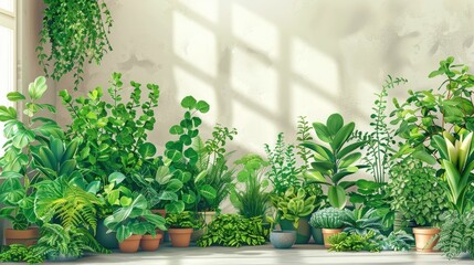 Lush Indoor Garden Corner with a Variety of Thriving Plants and Herbs Illustrating the Joy of Urban Gardening and a Connection to Nature Indoors